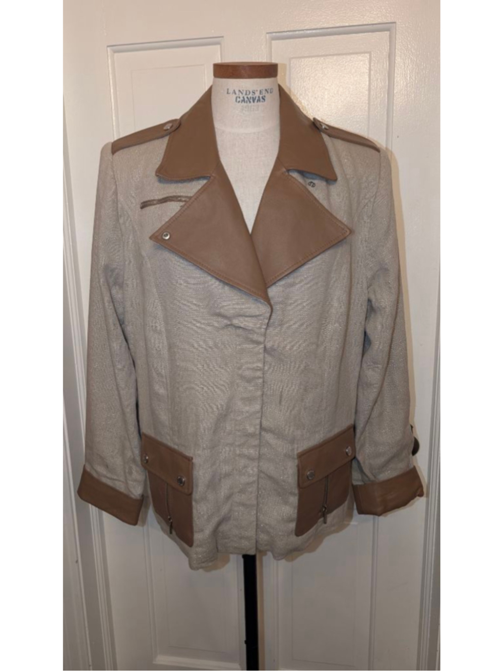 Women's Bradley Bayou Beige & Brown Linen Blend Moto Jacket L